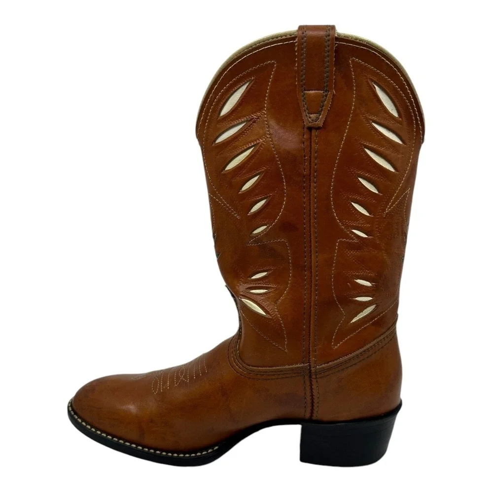 Acme Cowpuncher Western Boots Womens 5D Tan Leather Good Contrast Stitching VTG.